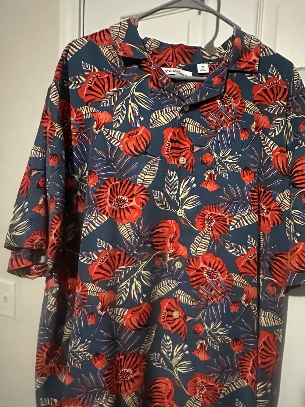 Caribbean Navy Button-Down Shirt with Red Floral Print